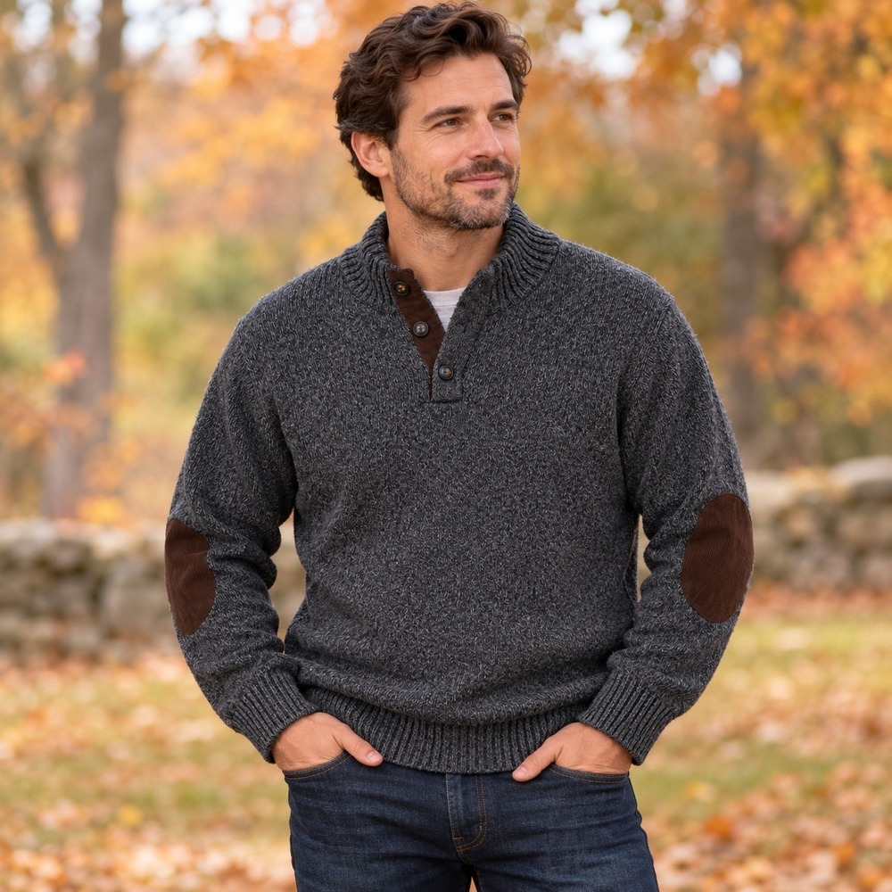 CHAPS Mens Large Charcoal Cotton Mock Neck Sweater Corduroy Elbow Patches Preppy